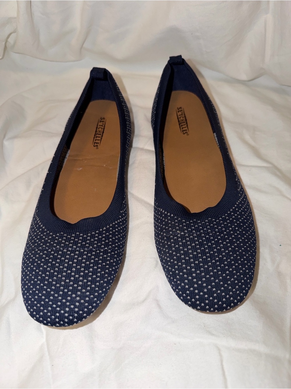 Seychelles Navy and White Knit Slip-On Flats